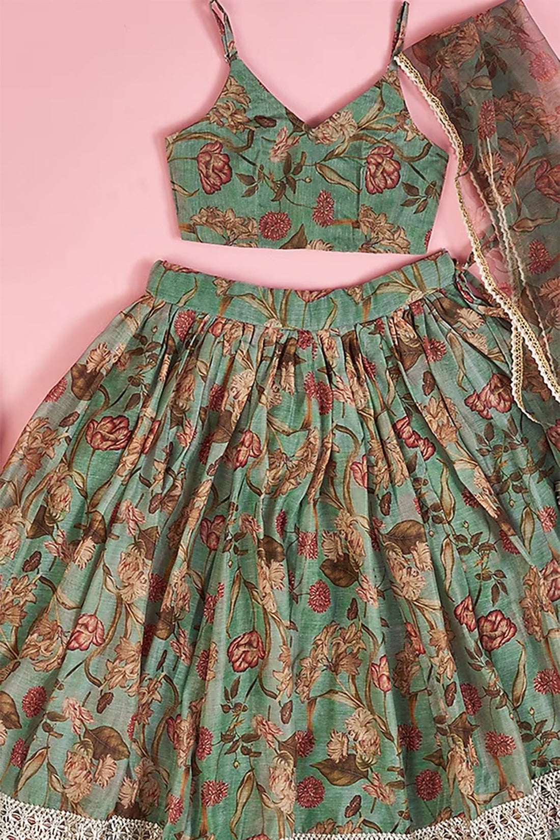 Mint Green Chanderi Lehenga & Spaghetti Top Set