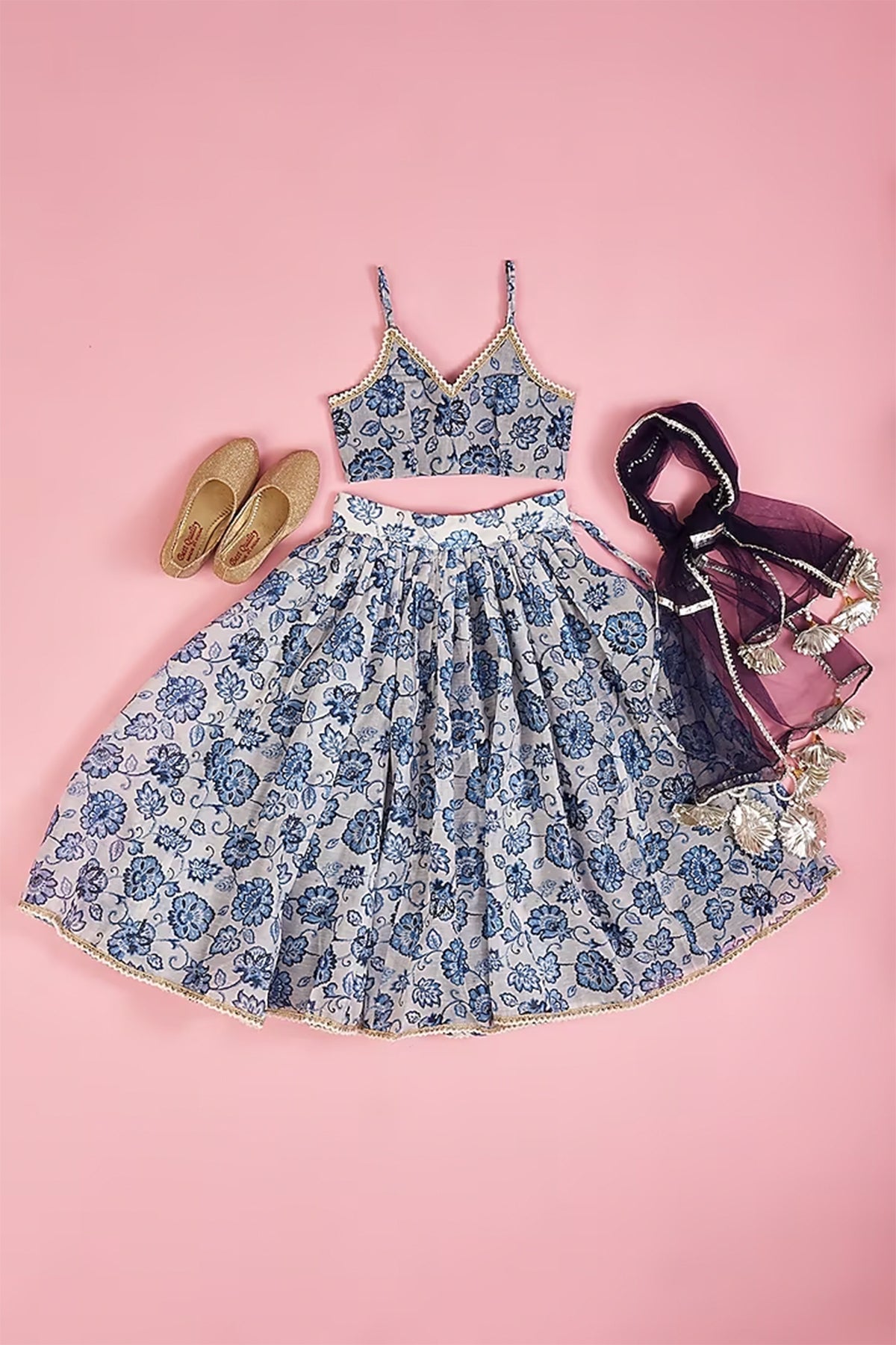 Powder Blue Chanderi Lehenga & Spaghetti Top Set