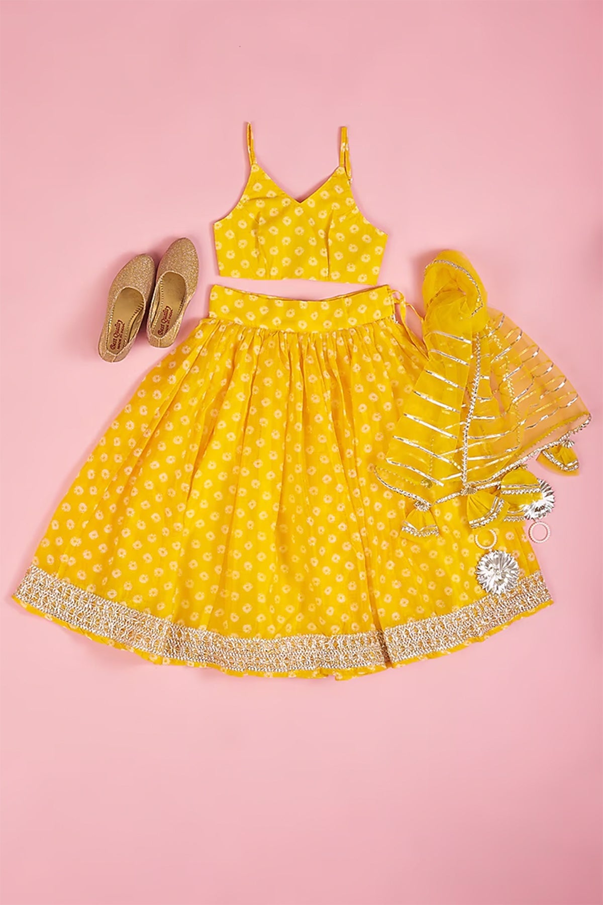 Yellow Chanderi Lehenga & Spaghetti Top Set