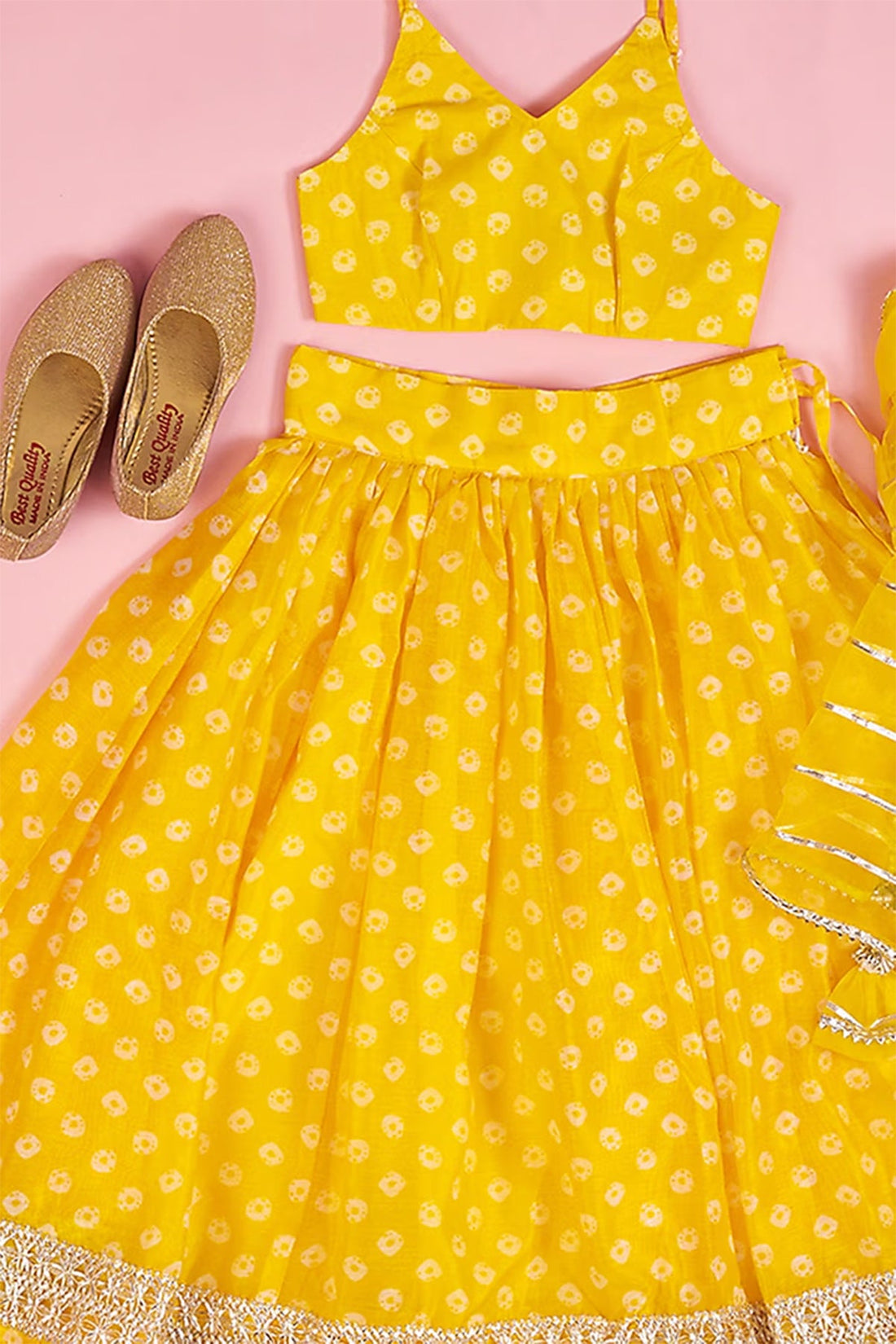 Yellow Chanderi Lehenga & Spaghetti Top Set