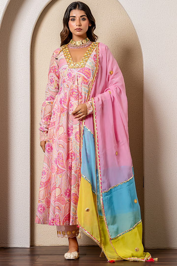 Pink Chanderi Digital Printed & Hand Embroidered Anarkali Set