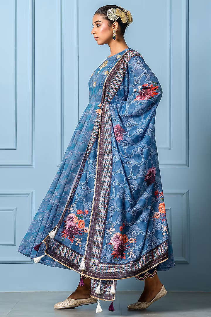 Navy Blue Chanderi Digital Floral Printed Anarkali Set