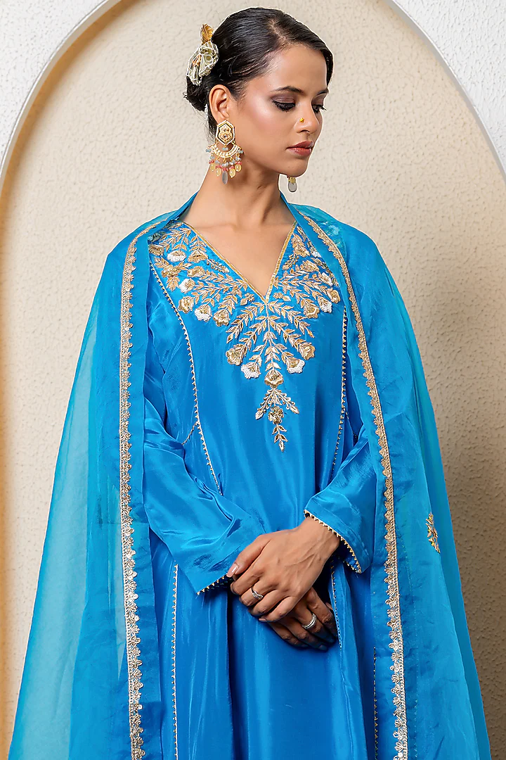 Teal Blue Pure Spun Marodi Hand Embroidered Kurta Set