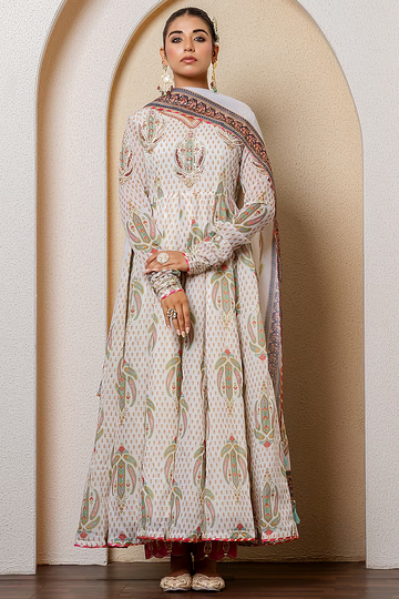 Ivory Chanderi Digital Printed & Beads Embroidered Anarkali Set