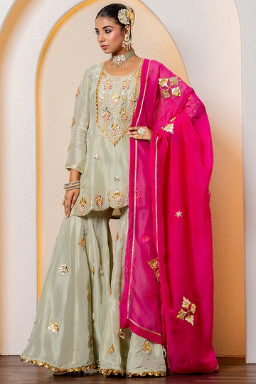 Pista Green Pure Spun Silk Marori Embroidered Sharara Set