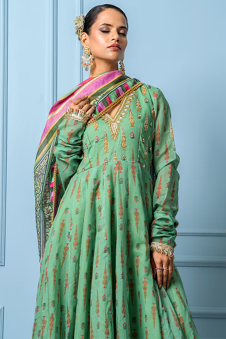 Green Chanderi Digital Printed Anarkali Set