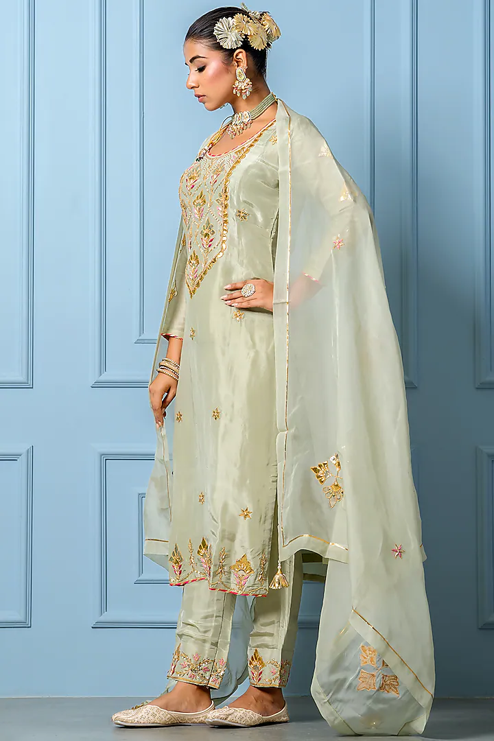 Sea Green Pure Spun Silk Gota Hand Embroidered Kurta Set