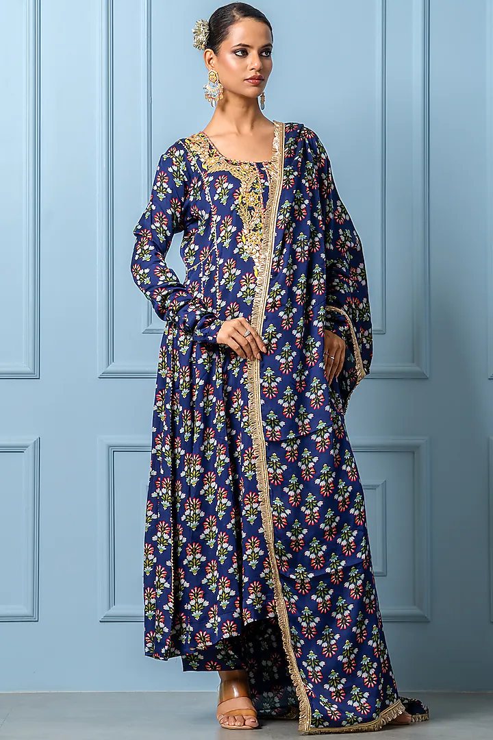 Navy Blue Modal Satin Digital Printed & Dabka Embroidered Kurta Set