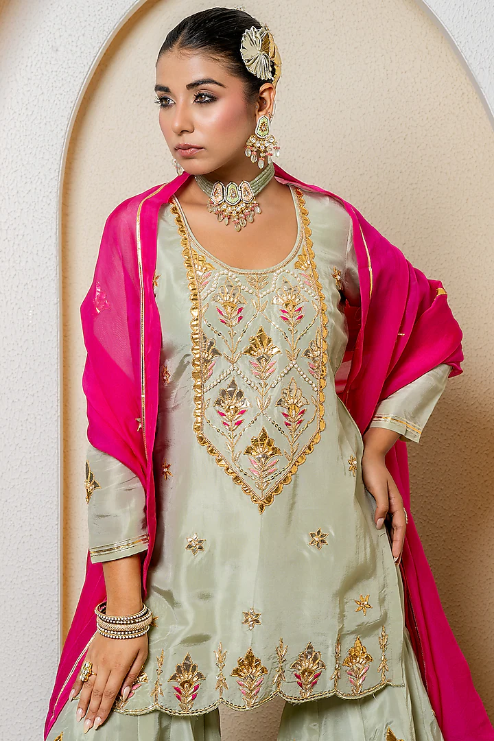 Pista Green Pure Spun Silk Marori Embroidered Sharara Set