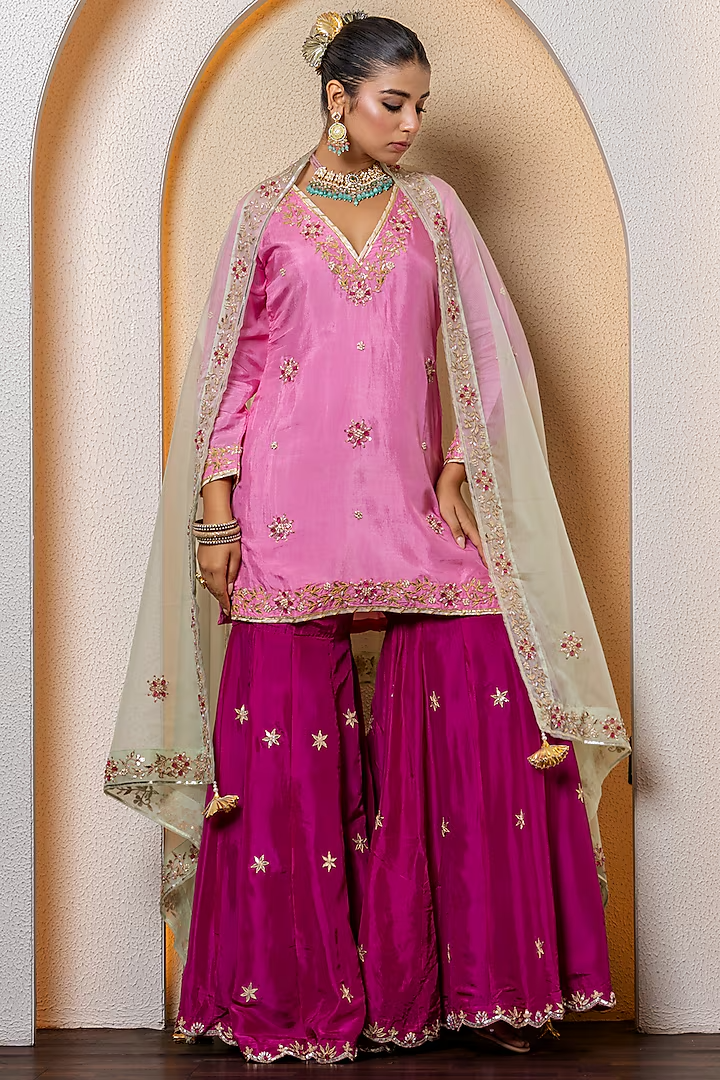 Wine Pure Spun Silk Boota Embroidered Sharara Set