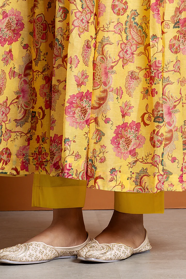 Yellow Chanderi Digital Printed Anarkali Set