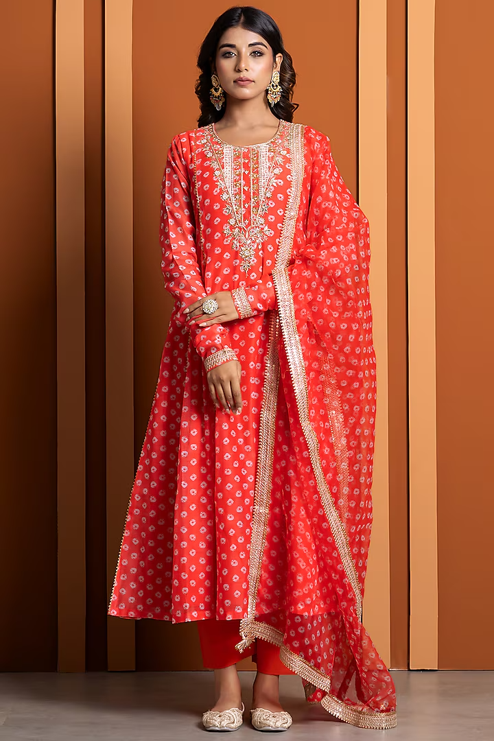 Orange Chanderi Digital Bandhej Printed Kurta Set