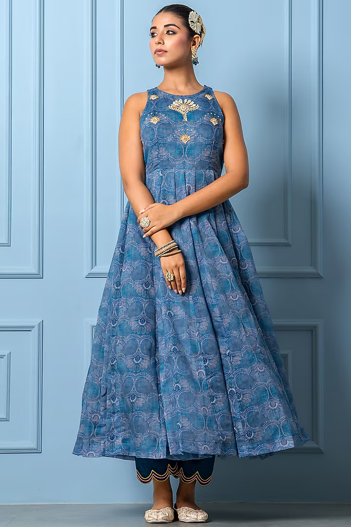 Navy Blue Chanderi Digital Floral Printed Anarkali Set